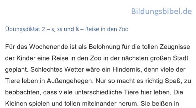 Deutsch Diktat 2 s, ss,, ß, scharfes s - Reise in den Zoo, Arbeitsblätter, Übungen