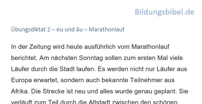 Deutsch Diktat 2 äu und eu - Marathonlauf, Arbeitsblätter, Übungen
