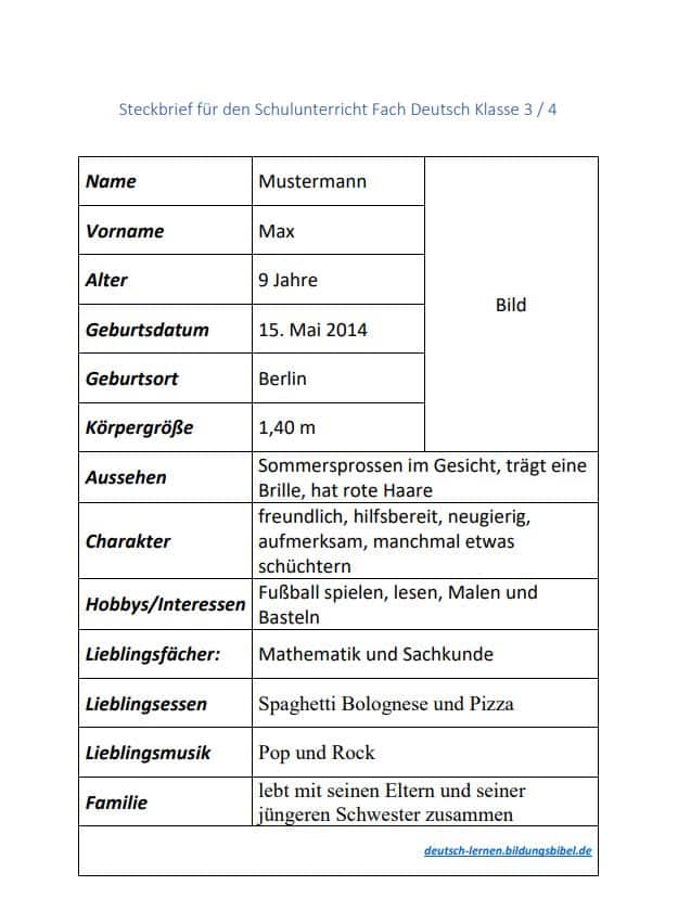 Steckbrief Vorlage Deutsch lernen, Klasse 3 und 4, höhere Klassen, Anleitung zur Erstellung von Steckbriefen, PDF Muster oder Word Vorlage kostenlos.